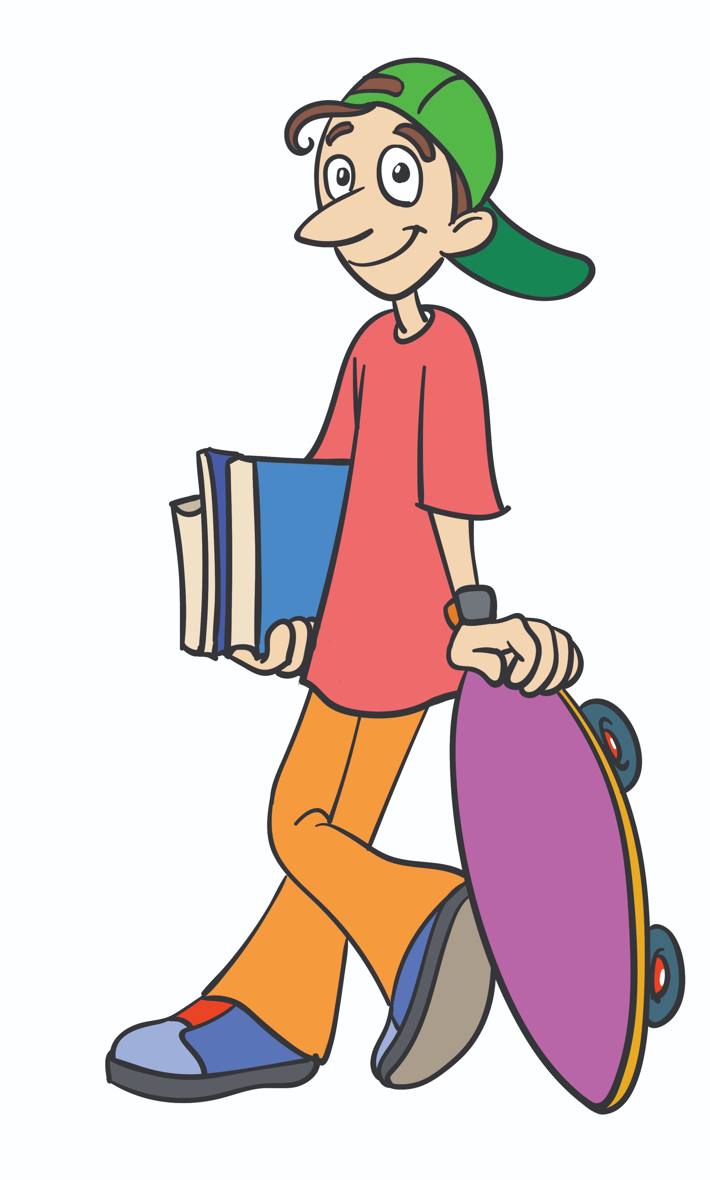Boy with skateboard and books